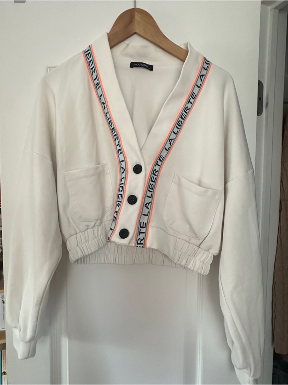Nocturne Cream Cropped Cardigan Hoodie with Trim